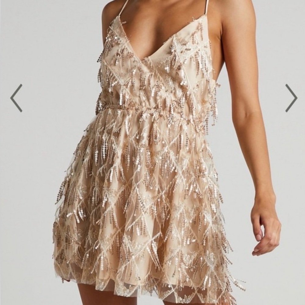 Beaded Champagne Spaghetti-Strap Party Dress